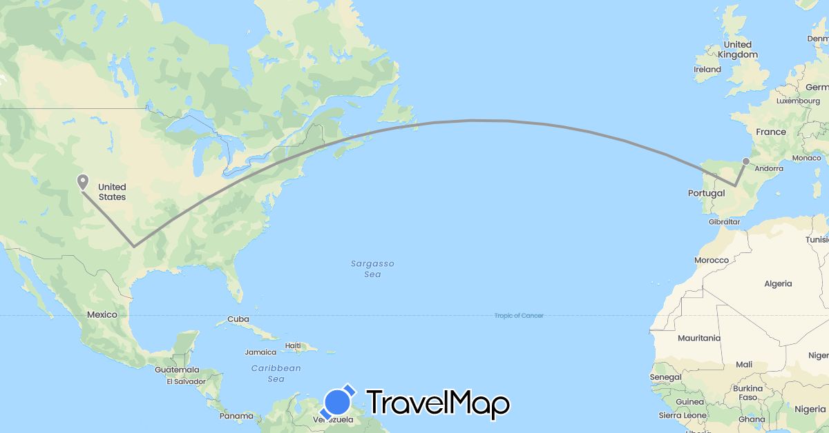TravelMap itinerary: driving, plane in Spain, United States (Europe, North America)